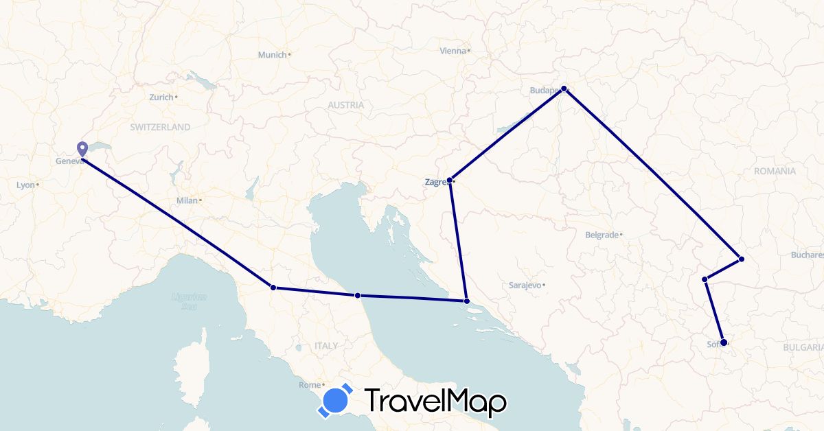 TravelMap itinerary: driving in Bulgaria, Switzerland, Croatia, Hungary, Italy, Romania (Europe)